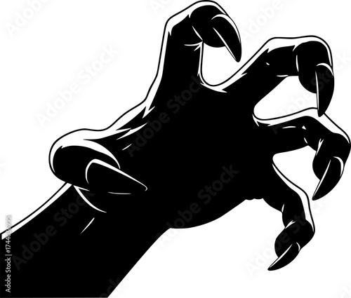 Scary hand silhouette. This image showcases bold black silhouettes of hands with sharp claws, symbolizing horror and fear. Vector clipart illustration
