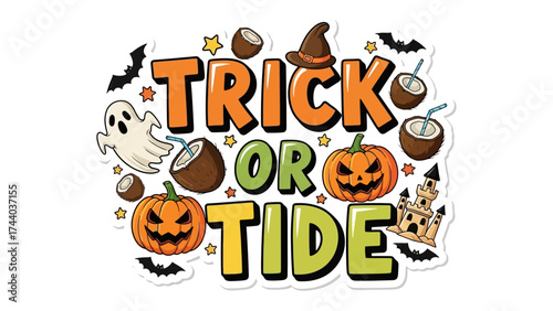 Halloween Trick or Treat: A vibrant and festive illustration celebrating Halloween. This artwork captures the essence of the holiday with pumpkins, ghosts, bats, and a playful Trick or Tide message.
