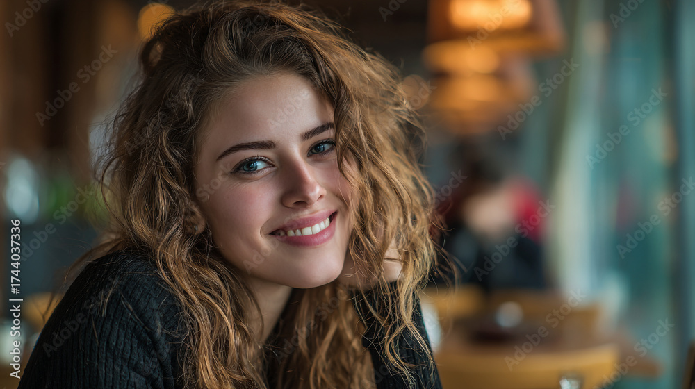 Fototapeta premium A portrait of a smiling woman with curly blonde hair wearing a black top in a blurred background