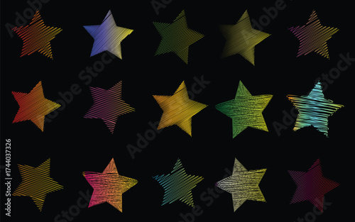 Colorful abstract star pattern on black background, Vibrant multicolor striped stars digital art, Neon gradient star shapes modern vector design
