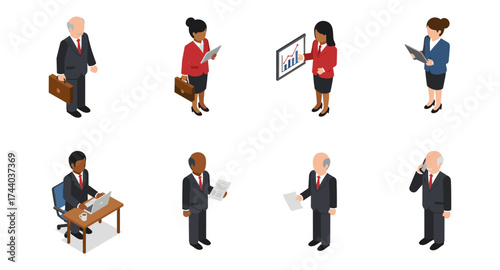 Isometric office professionals engaged in various business activities