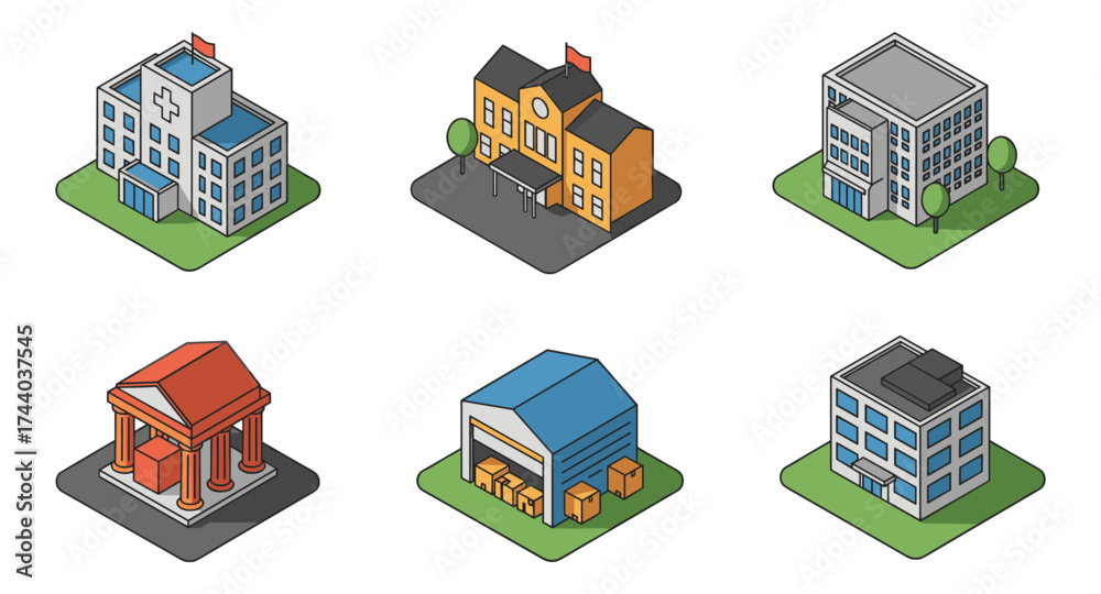 Fototapeta premium Isometric city icons: hospitals, schools, warehouses and more in flat design