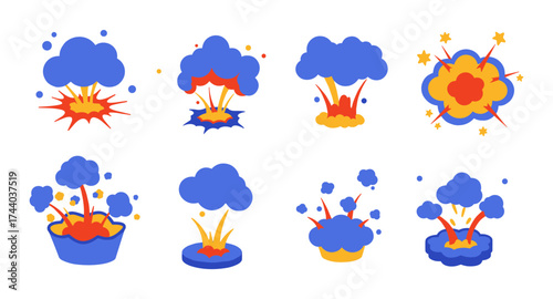 Colorful comic explosion icons set with clouds and stars