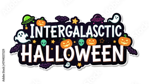Intergalactic Halloween: A whimsical and extraterrestrial themed illustration, blending traditional Halloween symbols with an outer space twist.
