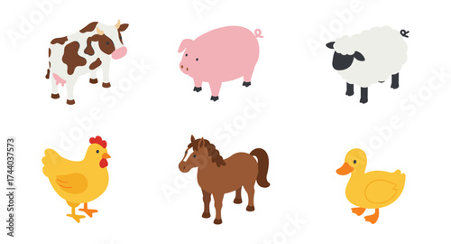 Cute farm animals set for kids: cow, pig, sheep, chicken, horse, duck