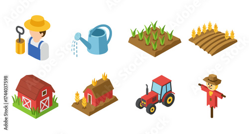 Isometric farm set: tools, crops, equipment, and structures in colorful design