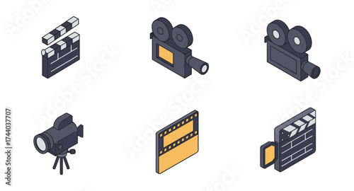 Cinema equipment icons isometric style: clapperboard, cameras, film reel set