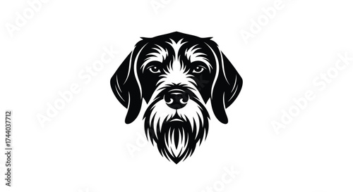 Black and white dog face logo with beard on white background Keywords: dog, face, logo, animal