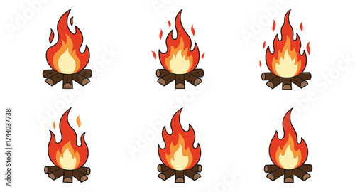 Collection of flat style campfire icons with burning flames and logs