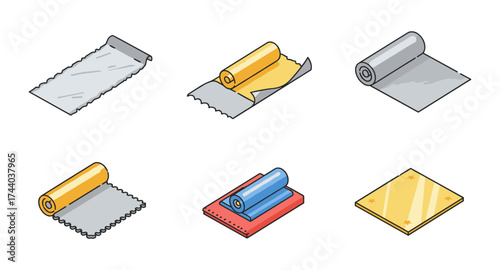 Collection of various rolled fabric and material icons in isometric style