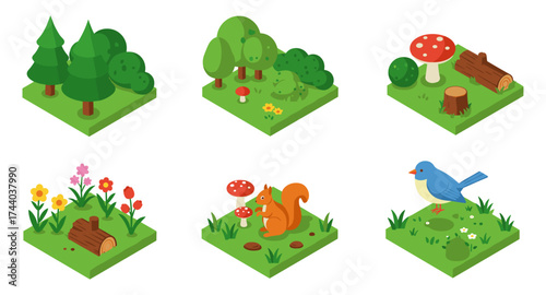 Isometric forest elements with trees, mushrooms, and wildlife for nature scenes
