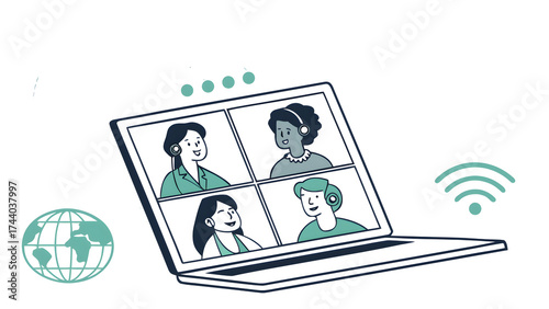 Global Remote Work and Video Conference Connectivity Vector Illustration
