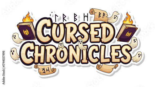 Cursed Chronicles: A Fantasy book cover illustration, featuring enchanted books, mysterious scrolls, and spectral beings within a fantasy realm.