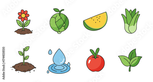 Colorful cartoon nature icons featuring plants and vegetables