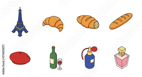 Iconic french symbols: croissant, eiffel tower, wine, perfume, baguette, beret in isometric style