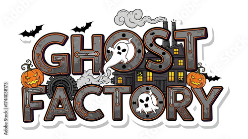 Spooky Ghost Factory: A vintage sign features eerie imagery. The sign features spooky text with jack o lanterns, bats, and a ghostly presence, creating a unique scene.