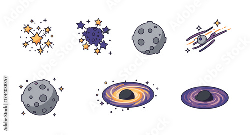 Stylized space elements: stars, planets, and galaxies icons