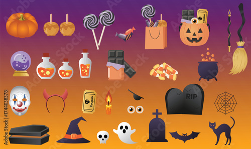 Halloween vector set with candies pumpkins witch hat cauldron ghost skull bat and spooky decorations on gradient background