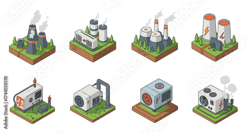 Isometric industrial icons: power plants and air conditioning units