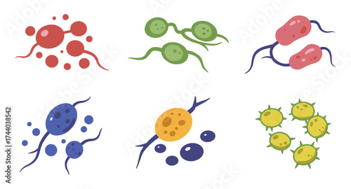 Colorful microorganism set with six unique bacteria designs in flat style