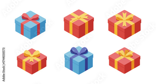 Isometric gift boxes with ribbons and bows in vibrant colors