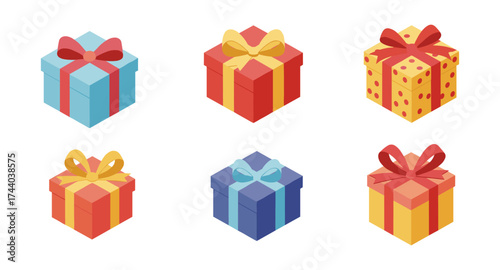 Colorful gift boxes with ribbons and bows featuring vibrant designs on a white background