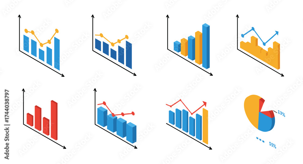 Obraz premium Isometric bar and pie charts with trend lines: data visualization collection