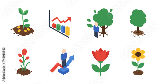 Growth and development isometric icons set with plants and graphs