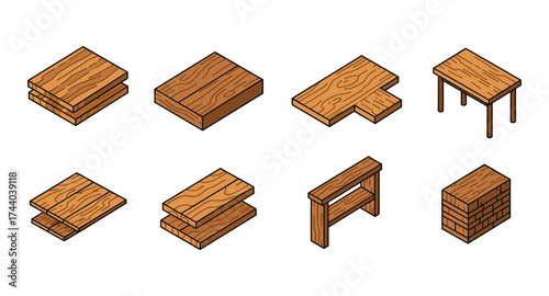 Isometric wooden plank and furniture set with detailed texture design