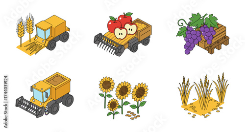 Isometric agriculture elements: harvesting equipment, fruits, grapes, sunflowers, wheat