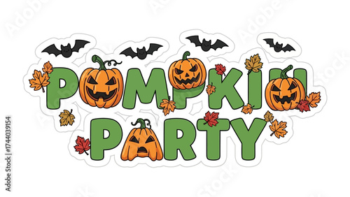 Pumpkin Party Invitation: A festive graphic design, announcing a vibrant celebration with grinning jack-o'-lanterns, fluttering bats, and autumnal leaves, set to spread seasonal cheer.