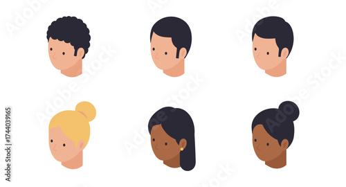 Diverse cartoon head collection with various hairstyles and skin tones