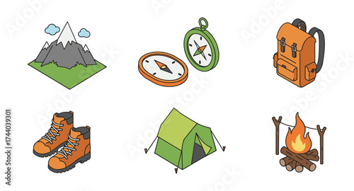 Camping adventure essentials: mountains, compass, and campfire icons