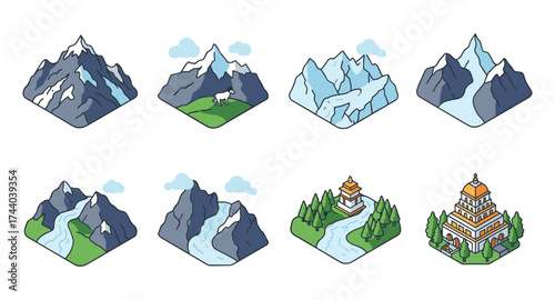 Scenic mountain and temple isometric icons with cloud and river elements