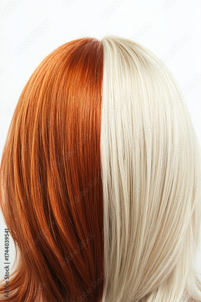 Fototapeta premium Close up of a person's head split between bright copper red and platinum blonde hair