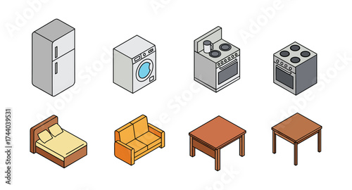 Isometric home appliances and furniture collection