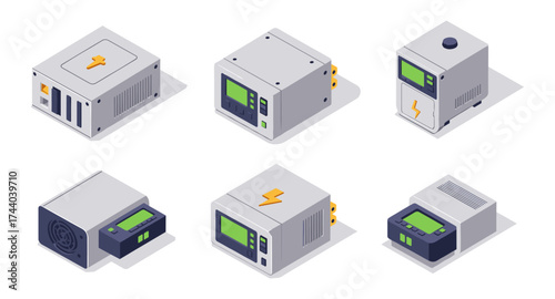 Isometric electronic devices set featuring power supplies and control units