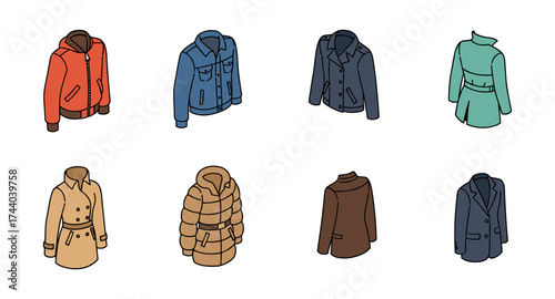 Stylish outerwear collection: diverse jackets and coats in isometric design