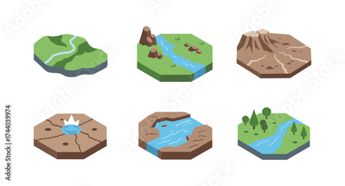 Isometric geographical terrains set with river and mountains