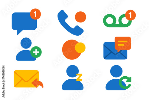 Flat Notification Icons. Flat vector icons of notification types: message alert, missed call, voice mail, new contact, app badge,