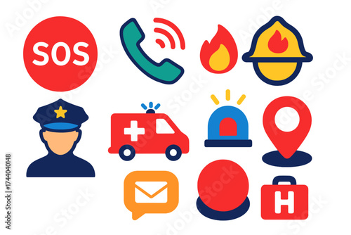 Emergency Contact Icons. Flat vector icons of emergency contacts: SOS symbol, emergency call, fire department icon, police contact