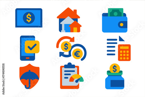 Financial Services Icons. Flat vector icons of financial services: online banking, loan application, digital wallet, mobile
