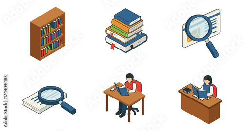 Educational and research tools in isometric style: books, magnifying glass, and study scenes
