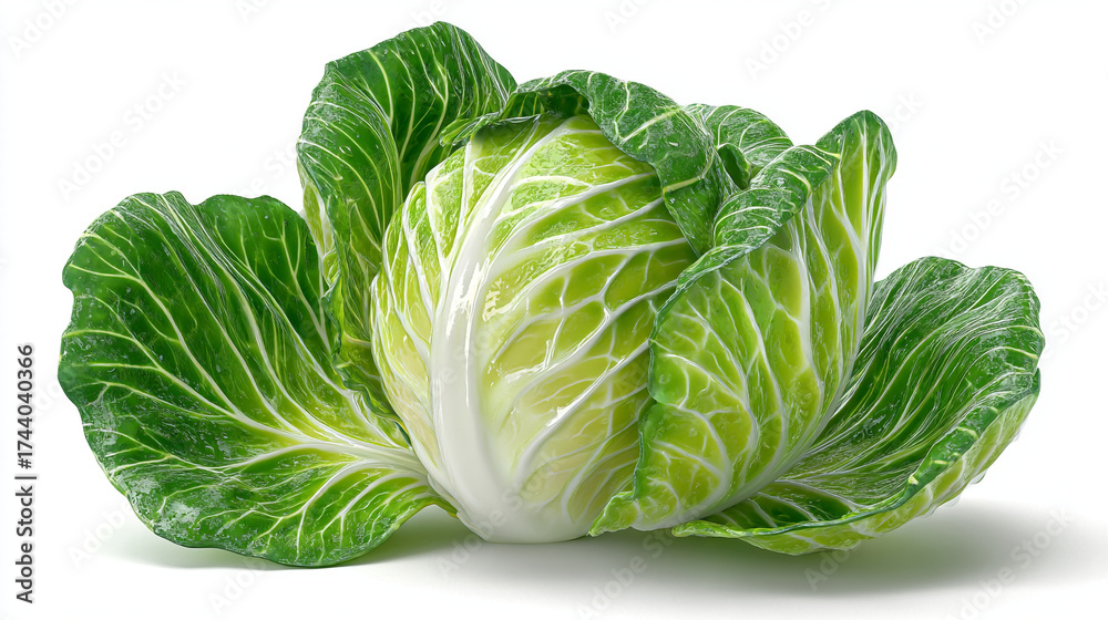 Obraz premium A single head of green cabbage with visible leaves on a plain white background