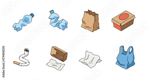 Assorted environmental waste: plastic, paper, cigarette, cardboard, bag icons