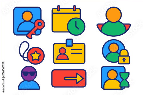 Temporary Access Icons. Flat vector icons of temporary accounts: guest login, trial access icon, demo user, temporary token,