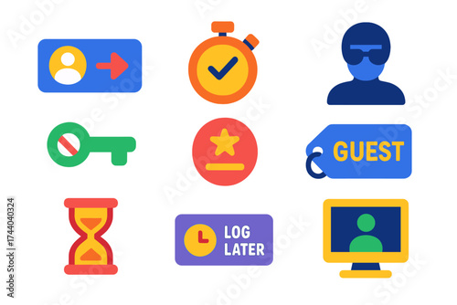Guest Access Icons. Flat vector icons of guest login experience: login as guest icon, temporary access, anonymous profile icon, no