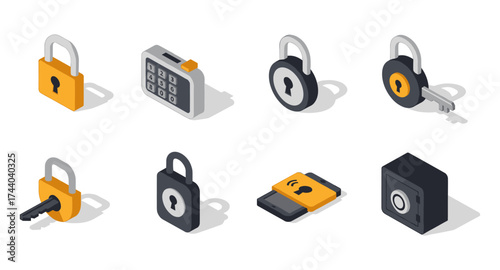 Secure padlocks and safes in isometric style for data protection concepts