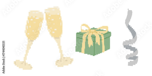 Pixel art illustration of champagne glasses, gift box and ribbon in festive minimal style, isolated on white background. Concept of celebration, holiday and party mood