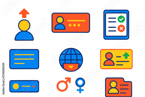 Modern User Profile Icons. Flat vector icons of user profile creation: upload avatar, set username, select preferences, input bio,